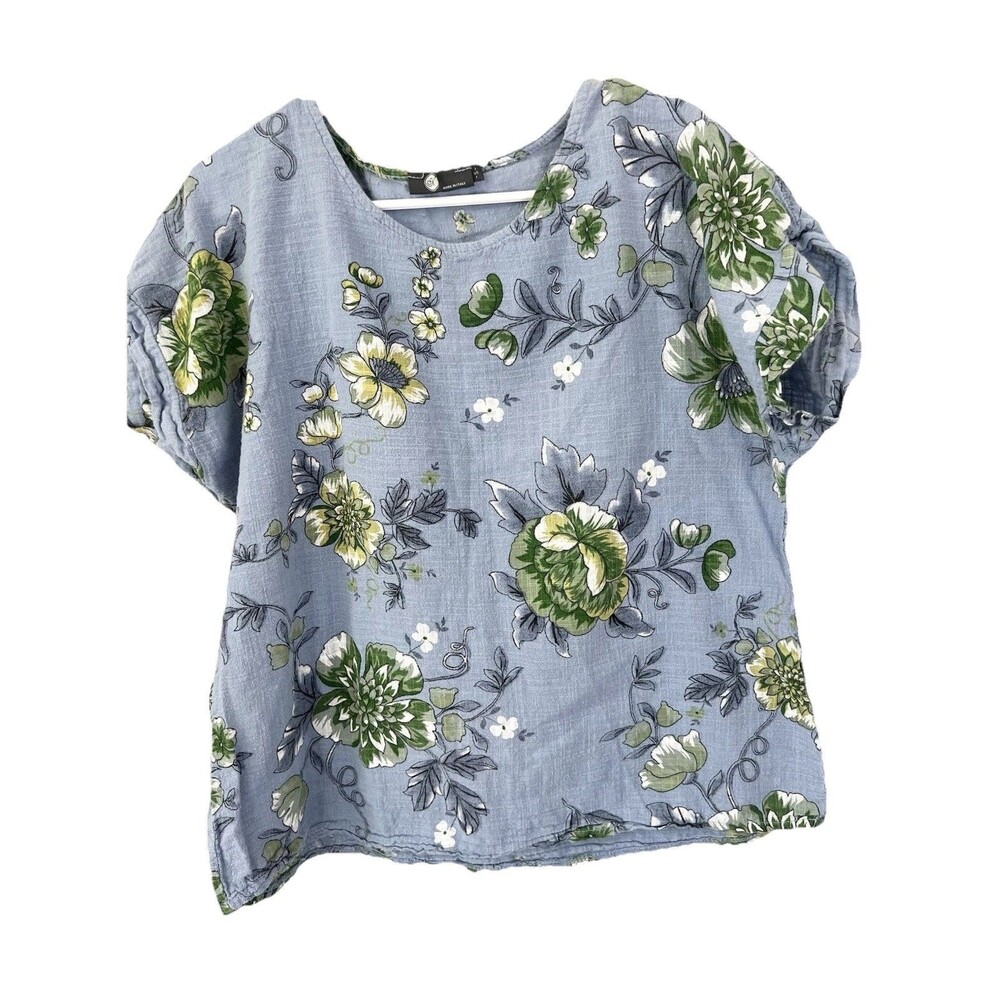 Made In Italy Unbranded Blue Floral Tunic Size Medium 100% Linen Artsy Boxy